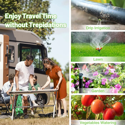 Family using table outdoors with images of drip irrigation, lawn watering, garden spray, and vegetables, Smart Hose Timer With WiFi Hub