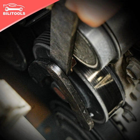 Close-up of Pro Grade Fifteen Piece Pulley Holder Tool Set with adjustable pin wrench on pulley