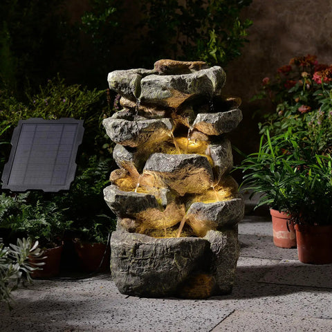 Solar Powered Outdoor Garden Fountain With Five Tier Cascading Stone Bowls And LED Lighting 24 Inch High Waterfall Feature