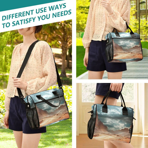 Insulated Lunch Bag for Outdoor Adventures With Desert Landscape Clouds Design shown in different usage scenarios.