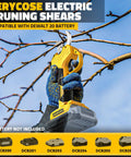 Electric Pruning Shears For DeWalt 20V Battery Compatibility used on tree branches, brushless motor, battery visuals