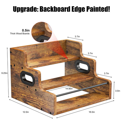 Three Tier Wooden Liquor Display Shelf For Home Bar 3 Step Countertop Rack For Bottles Whiskey Vodka And Spirits Retro Style Mini Bar Organizer Sturdy Wood Stand with dimensions and thick wood boards.