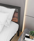 Top Tier Queen Platform Bed Frame With Solid Wooden Headboard Heavy Duty Steel Base Extra Under Bed Storage Noise Free No Box Spring Setup Straight Up Durable For Your Prime Chill Zone partial view with white pillows and wooden headboard