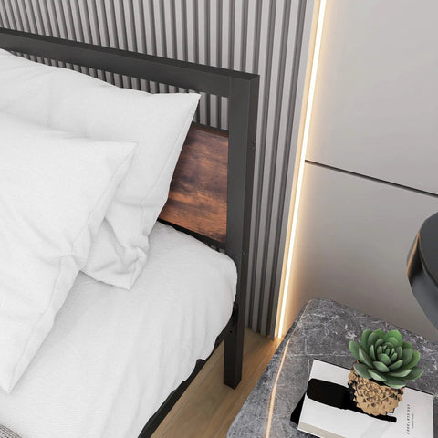 Top Tier Queen Platform Bed Frame With Solid Wooden Headboard Heavy Duty Steel Base Extra Under Bed Storage Noise Free No Box Spring Setup Straight Up Durable For Your Prime Chill Zone partial view with white pillows and wooden headboard