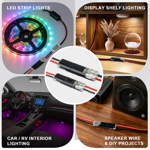 Double Quick Connectors Kit for Low Voltage Wiring with LED strip, car interior, speaker, and display shelf uses