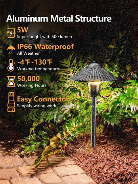 Low Voltage LED Landscape Lighting Kit For Your Yard And Garden With Path Lights And Spotlights Outdoor Aluminum Waterproof 12V 24V Landscape Lights 12 Pack features an aluminum path light in garden setting with waterproof details.