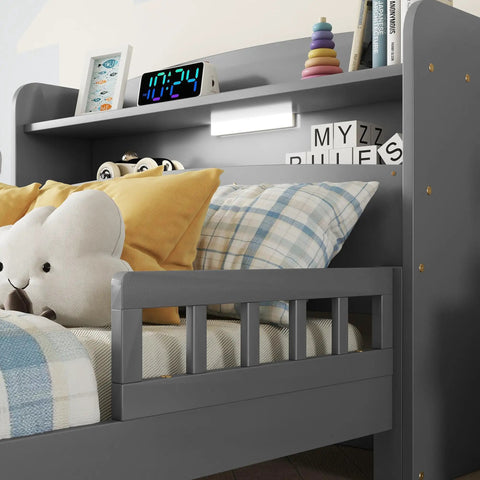 Twin Size Pine Wood Bed With Built In Bookcase Headboard Guardrails And Led Motion Sensor Light Gray Finish For Easy Nighttime Access