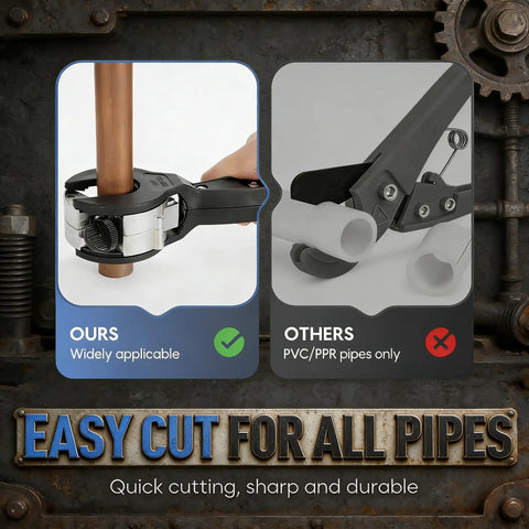 Ratcheting Pipe Cutter 2-In-1 Workhorse For PVC PPR Plastic Tubing shown cutting copper pipe next to other cutter options