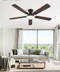 52 Inch Ceiling Fan With Lights Super Easy To Use Low Profile Flush Mount Black 6 Speeds Quiet DC Motor in modern living room