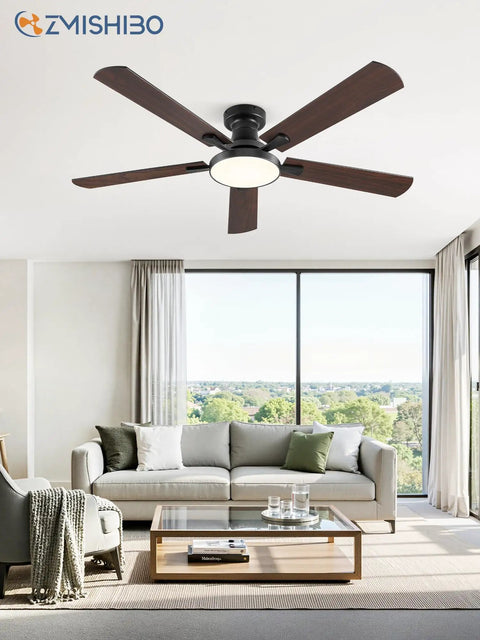 52 Inch Ceiling Fan With Lights Super Easy To Use Low Profile Flush Mount Black 6 Speeds Quiet DC Motor in modern living room