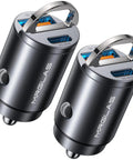 Dual Port 90W Car Charger 2 Pack Usb C And Usb A Cigarette Lighter Adapter with zinc alloy housing, side view.
