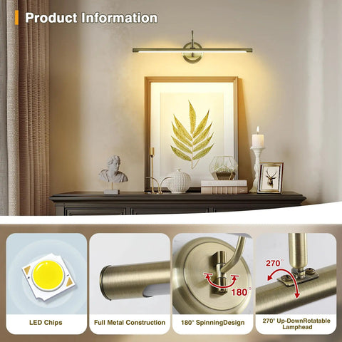 Sleek Antique Bronze LED Picture Light With Swing Arm For Artwork 24.4 Inch Long 14W 70W Equivalent Warm White 3000K Hardwired