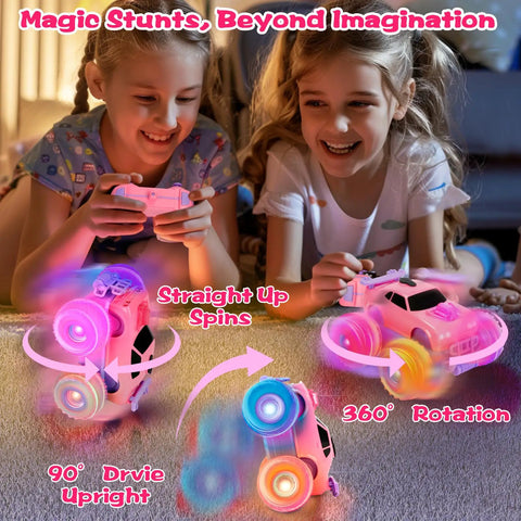 Girls playing with Princess Themed Remote Control Monster Truck For Girls With DIY Sticker Kit, Colorful Wheel Lights And Headlights, Rotation Spin And Spray Action, Totally Fun Toy Car For Girls Aged 4 5 6 7 8 Birthday Gift
