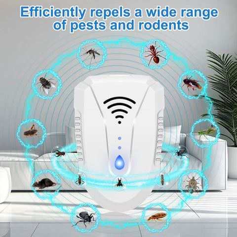 Upgraded Ultrasonic Pest Repeller 6 Pack Indoor Plug In With Three Frequency Modes For Bugs Roaches Insects Mice Spiders Flies Rodents And Rats Home Protection displayed on a table with pest icons