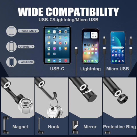 1920P HD Endoscope Camera With Light For Tight Spaces, Ultra Slim 8.5mm Borescope For Pipes, Engines, Walls And Tiny Crevices, Clear View, Handy Illumination, Pro Grade Inspection Tool, USB-C Lightning Micro USB compatible