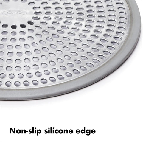 Shower Stall Drain Protector With Hair Catcher And Soft Silicone Rim, Stainless Steel Mesh Barrier Keeps Water Flowing, close-up of silicone edge