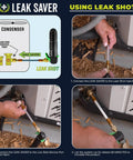 Leak Saver Direct Inject AC leak sealer infographic with four-step installation shots and Leak Shot gun.