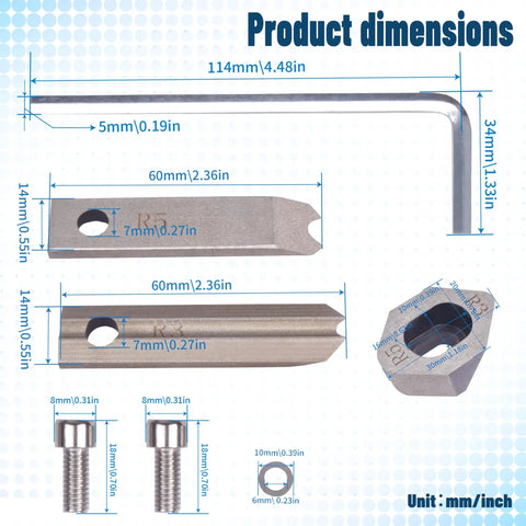 R3 And R5 Corner Rounder Blade Set dimensions with L-wrench and blade components, shown in mm and inches for manual cutter machine.