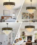 3 Tier Black and Gold Crystal Chandelier Pendant Light Fixture in bedroom, foyer, living room, and restaurant settings.