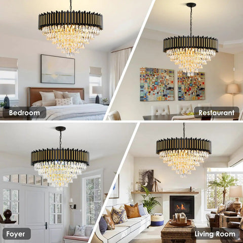 3 Tier Black and Gold Crystal Chandelier Pendant Light Fixture in bedroom, foyer, living room, and restaurant settings.