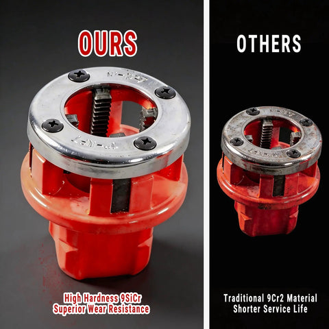Comparison of pipe threader dies: Ours with 9SiCr material vs Others with 9Cr2 material for Heavy Duty Electric Pipe Threader Kit With 2300W Copper Motor, 120V Handheld Threading Machine With 6 NPT Dies From Half Inch To Two Inches, Portable Carry Case For Pro Plumbing Jobs.