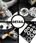 Close-up of Rock Solid Electric Hose Crimping Machine showing hydraulic components and ten die kits for perfect seals.
