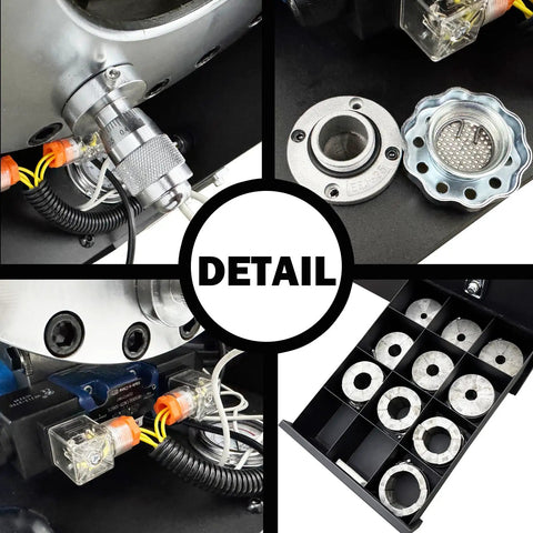 Close-up of Rock Solid Electric Hose Crimping Machine showing hydraulic components and ten die kits for perfect seals.