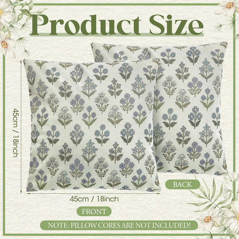 4 Pack 18x18 Inch Blue Green Block Print Pillow Covers Double Sided Vintage Spring Floral Boho Linen Pillowcases For Farmhouse Sofa Couch Outdoor Patio Decor Cozy Up Your Living Space With Cheerful Garden Vibes, front and back view
