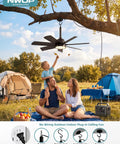 Outdoor Gazebo Ceiling Fan With Lights And Remote, 28 Inch LED 3CCT Dimmable, hanging from tree branch at campsite