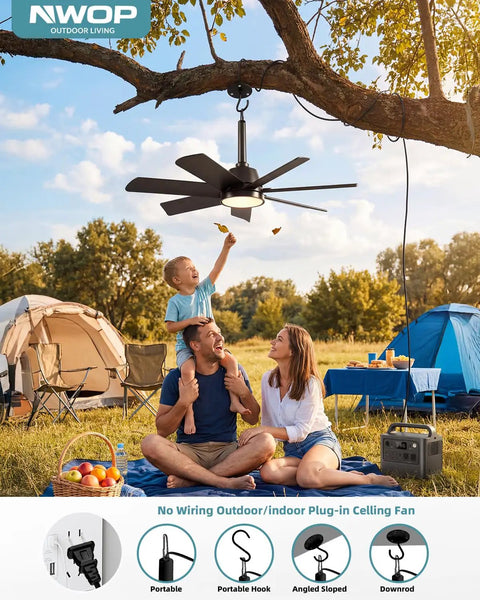 Outdoor Gazebo Ceiling Fan With Lights And Remote, 28 Inch LED 3CCT Dimmable, hanging from tree branch at campsite
