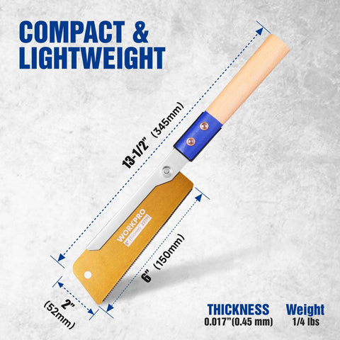 Heavy Duty Japanese Pull Saw For Fine Woodworking 6 Inch Dovetail Blade With 23 TPI SK5 Steel showing dimensions and lightweight design.