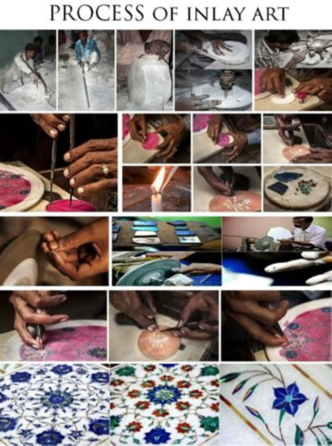 Process of inlay art showcasing artisans crafting marble designs with lapis lazuli and other stones, featuring various steps.