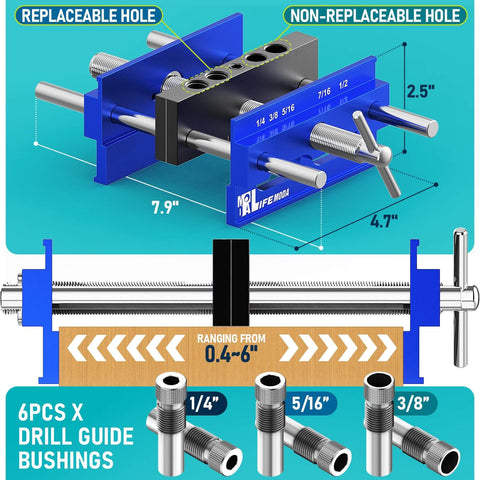 Diagram of the Upgraded 6.7 Inch Self Centering Doweling Jig Kit with adjustable width measurements and drill guide bushings.