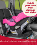 Waterproof Car Seat Cover Set, 2 Pack, Non Slip Protector with Mesh Pocket, Black, beneath pink convertible car seat in vehicle.
