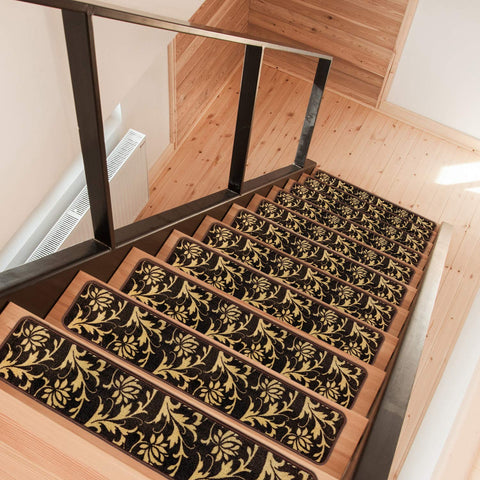 Set Of 15 Skid Resistant Carpet Stair Treads 9 Inch By 36 Inch Espresso Brown And Golden Cream Non Slip Backing Easy Install For Your Home Stairs And Pups covering wooden stairs