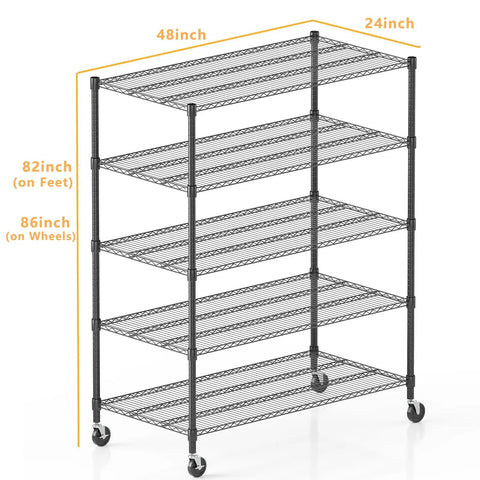 Five Tier Wire Shelving With Wheels Heavy Duty Height Adjustable Metal Storage Rack Commercial Grade Steel Utility Shelf For Kitchen Garage Pantry Organization 24 By 48 By 82 Inches Built Like A Tank