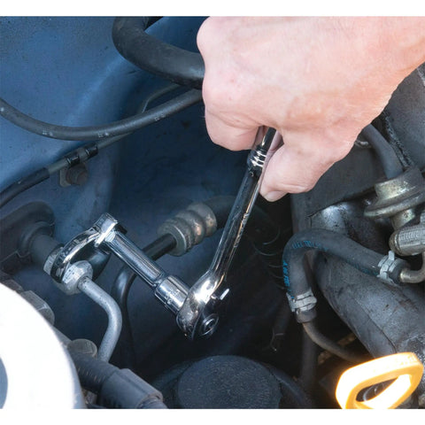 Metric Crowfoot Wrench Set 8-Piece Heavy Duty Tools in use for automotive maintenance in tight engine bay space.