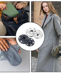12 Sets Large Sew On Metal Snaps For Clothing 19mm Diameter Press Studs used on various garments and fabric items in black and silver.