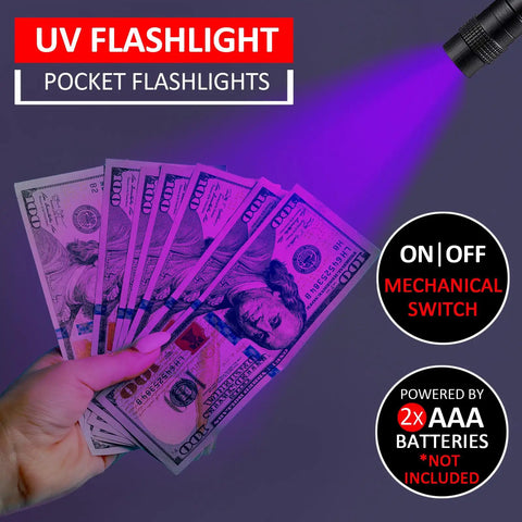 Ten Pack UV Black Light Flashlights 395nm Mini Pen Light With Clip shown illuminating currency for inspection