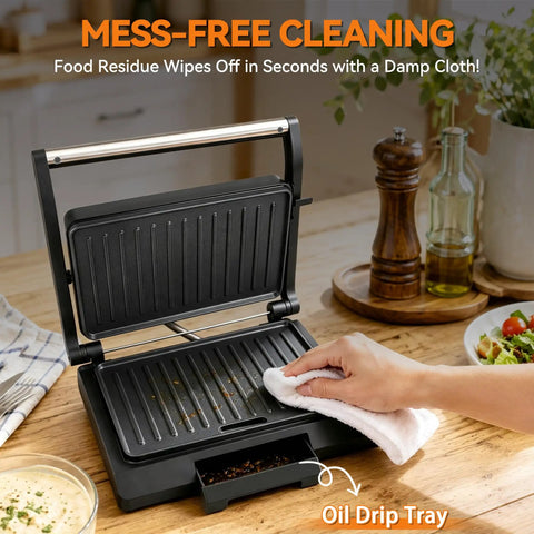 Premium Baker's Friend Mini Panini Press Electric Grill with a clean surface and oil drip tray, easy to wipe down.