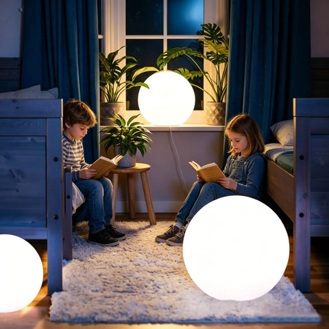 Children reading by 16 Inch Rechargeable LED Globe Light With Remote, indoors, warm glow, creating a cozy ambiance.