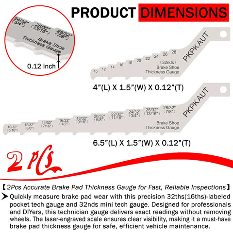 Heavy Duty Automotive Brake Pad Thickness Gauge And Drum Wear Checking Kit Featuring Precise 32nd Graduated Arms For Lightning Fast Visual Inspections On The Grind, showing dimensions and gauges.