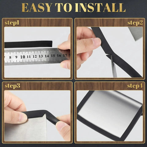 Step-by-step installation guide showcasing Black U-Channel Rubber Edge Trim, Flexible PVC Edge Protector for Sheet Metal.