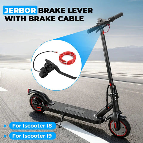 Replacement Brake Handle Lever With Cable Kit For iScooter i8 And i9 Electric Scooters displayed next to scooter
