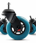 Heavy Duty Office Chair Wheels Set Of 5 Rollerblade Casters 3 Inch Thick with navy polyurethane wheels and black stems.