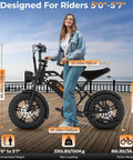 Woman standing next to Raw Power 1000W Fat Tire Electric Bike For Teens And Kids 48V 15.6Ah on wooden deck by sea.