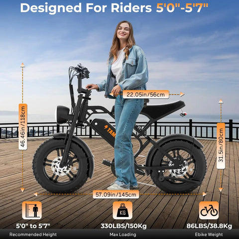 Woman standing next to Raw Power 1000W Fat Tire Electric Bike For Teens And Kids 48V 15.6Ah on wooden deck by sea.
