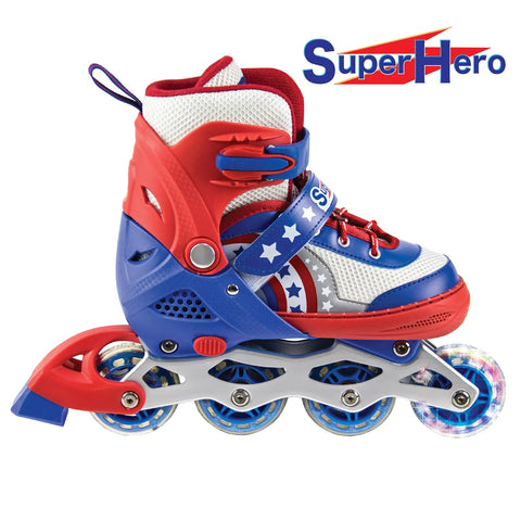 LED Light Up Inline Skates For Kids With Three Adjustable Sizes, red and blue, superhero theme, safe stable ride for beginners