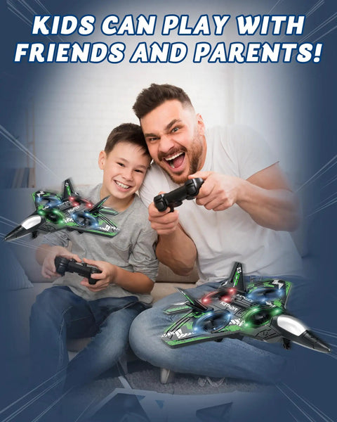 Kids RC Plane Drone For Boys And Girls, Remote Control Airplane With LED Lights, father and son playing indoors