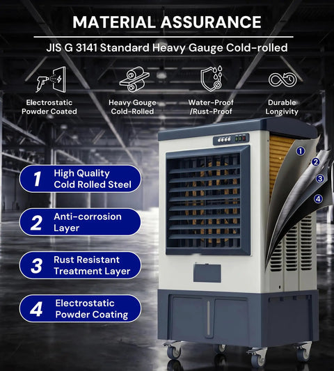 Heavy Duty 6500 Cfm Portable Evaporative Swamp Cooler With 19 Gal Tank 120 Oscillation Auto Fill Blower Kickin That Summer Humidity For Patios Garages Workspaces And Job Sites 56 Inches Tall showing durable cold-rolled steel with layered protection